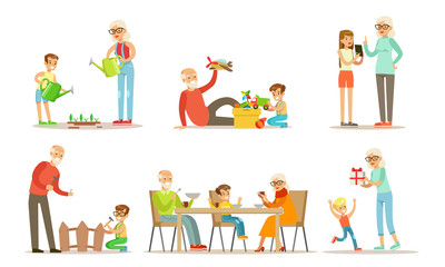 Grandpa And Grandma Spending Time with Their Grandchildren Set, Cute Boys And Girls Watering Plants, Having Dinner, Playing Toys with their Grandparents Vector Illustration