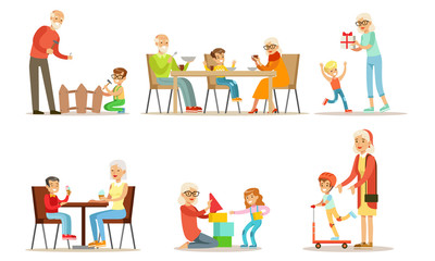 Grandpa And Grandma Spending Time with Their Grandchildren Set, Cute Boys And Girls Having Dinner, Playing Toys, Repairing Fence, Riding Kick Scooter with their Grandparents Vector Illustration