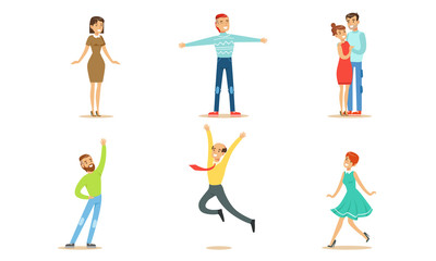 Happy People in Various Poses Set, Smiling Young Men and Women Rejoicing at an Important Events Vector Illustration