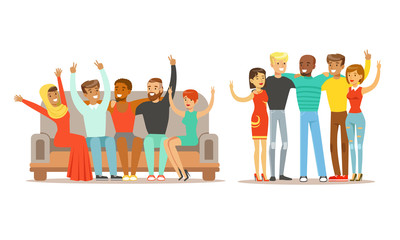 Fototapeta premium Happy People of Various Nationalities Standing Together and Showing Victory Sign GesturesVector Illustration