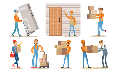 Delivery Service Workers Set, Couriers Characters Delivering Packages, Household Appliances and Groceries to Clients Vector Illustration
