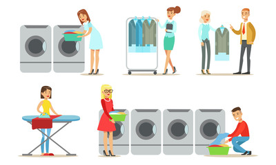 Dry Cleaning Service Set, People Using Professional Textile Clothing Service Vector Illustration