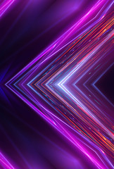 Abstract neon background with light lines and stripes, geometric shapes made of neon. Ayutrast light, scene, purple, pink neon. Abstract light tunnel, portal. Symmetric reflection, mirroring