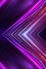 Fototapeta premium Abstract neon background with light lines and stripes, geometric shapes made of neon. Ayutrast light, scene, purple, pink neon. Abstract light tunnel, portal. Symmetric reflection, mirroring
