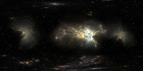 360 degree space background with nebula and stars, equirectangular projection, environment map. HDRI spherical panorama.