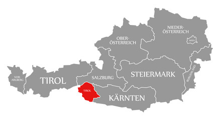Tyrol red highlighted in map of Austria