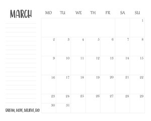 Simple calendar organizer 2020 grid with lettering month name and motivation phrase 