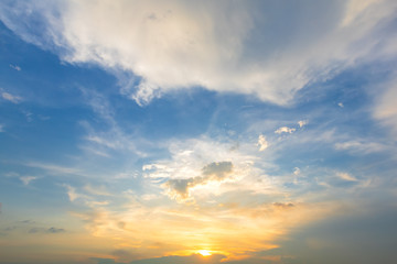blue bright and orange yellow dramatic sunset sky in countryside texture background.