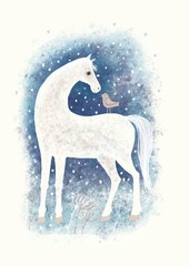 Digital aquarelle. Horse and bird in winter snowy landscape