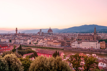 Panorama of Florence city centre at sunset time, Italy