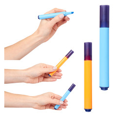 Yellow and blue felt pen, permanent markers, set and collection.