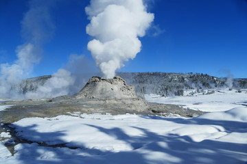 Fototapeta na wymiar Castle Geyser eruption, winter in Yellowstone National Park