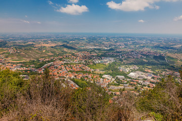 Panoramic view from San Marino castle to surrounded town amd villages