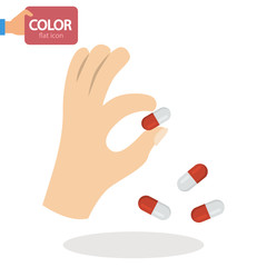 Medicine capsule in the hand color vector icon. Flat design