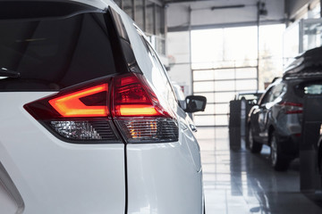 Backing view. Modern brand new white car in the saloon. Ready for the sale. Perfectly polished