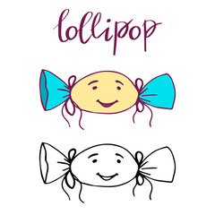 Kawaii style, cartoon character of lollipop. Coloring book. Vector illustration of candy. Doodle style, colorful sketch with handwritten lettering.