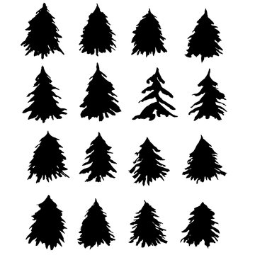 Fir tree silhouettes set. Black grunge Christmas tree. Watercolor spruce isolated on white background. Vector illustration.
