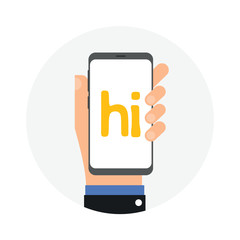 hand holding smartphone with hi massage icon showing on display, vector and illustration