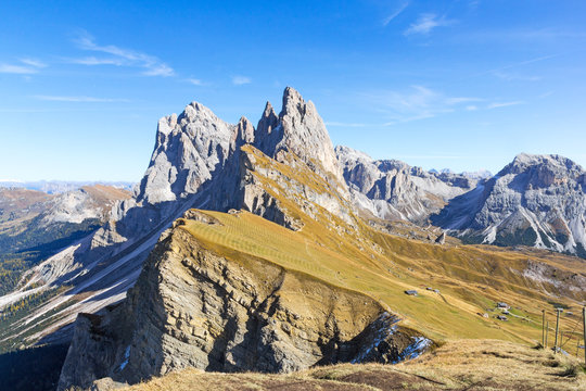 The ridge of Seceda mountain peak, Dolomites National Park, South Tirol, Italy