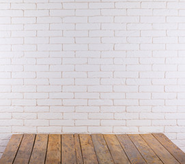 empty interior with wooden floor and decorative white brick wall