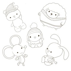 Winter coloring book with a cute animals, new year set