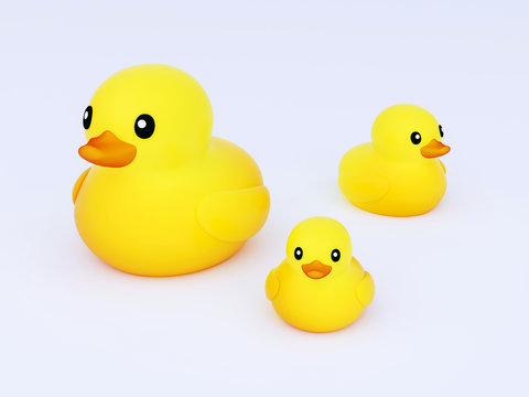 Yellow little duck doll, yellow rubber duck doll, duck bath toy, baby toy on white background 3d rendering. 3D illustration of Yellow duck doll family isolated, clipping path included.