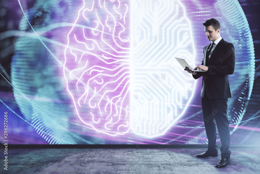 Aufkleber man and brain icon hologram. double exposure. concept of data development