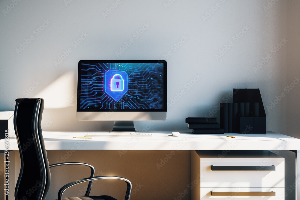 Poster desktop interior with computer, table and chair. lock icon drawing on screen. 3d rendering.