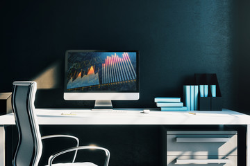 Cabinet desktop interior with financial charts and graphs on computer screen. Concept of stock market analysis and trading. 3d rendering.