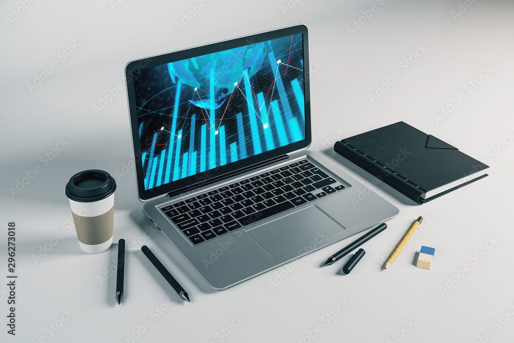 Poster laptop closeup with forex graph and world map on computer screen. financial trading and education co