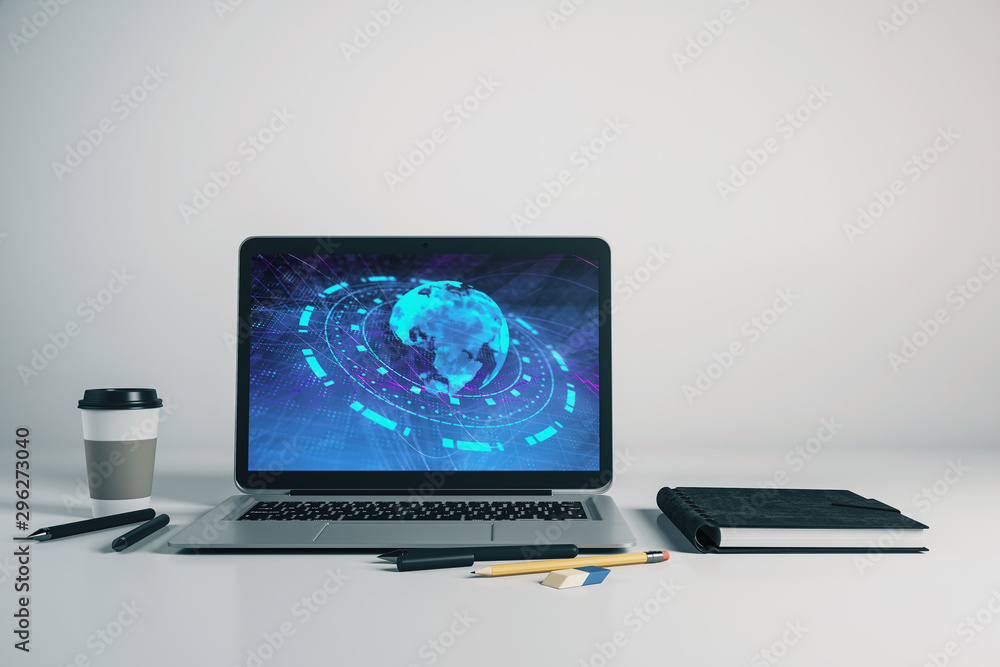 Poster laptop closeup with world map on computer screen. international education concept. 3d rendering.