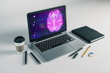 Laptop closeup with brain drawing on computer screen. Big data concept. 3d rendering.