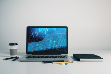 Laptop closeup with forex graph on computer screen. Financial trading and education concept. 3d rendering.