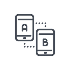 Smartphone synchronization and comparison line icon. Two mobile phones with A and B matching vector outline sign. © NikWB