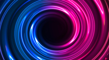 Abstract neon background with light circles, geometric shapes made of neon. Abstract light, scene, purple, pink, blue neon, portal. Futuristic neon background, neon circle.