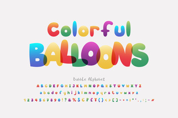 Multicolor bubble balloons vector alphabet. Capital and small letters, numbers, marks, currency symbols. Bright rainbow font for colorful design