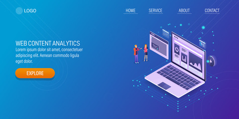 Multimedia content, update web page content, digital marketing, analytic data showing on laptop screen. 3d isometric web banner, template, presentation with tiny people.