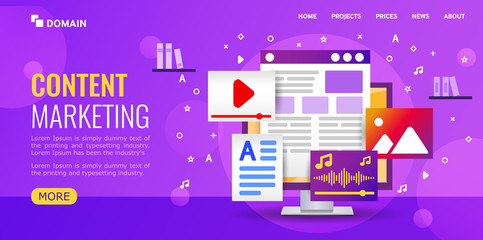 Illustration content marketing fot Landing page or website. Studio develops content webpage. computer with video and audio and text files on ultraviolet background.