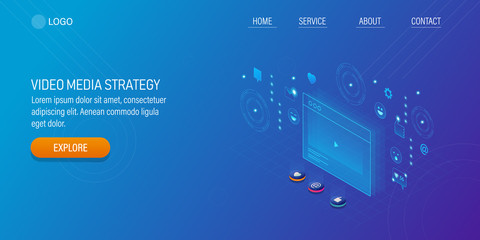 Video marketing, digital media strategy, 3d style isometric, creative landing page template.