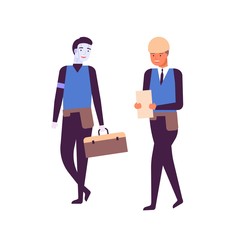 Obraz premium Man and cyborg working together flat vector illustration. Happy humanoid robot and engineer in uniform cartoon characters. Future technology, job automation concept. Smiling builder and smart machine.