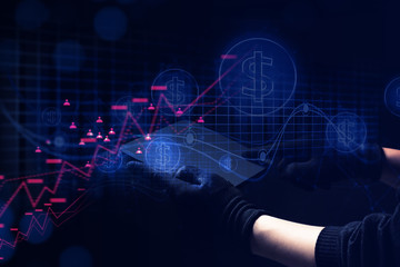 hand with ai data connect to social network for libra bitcoin money crypto currency trade business application concept, digital asset risk financial