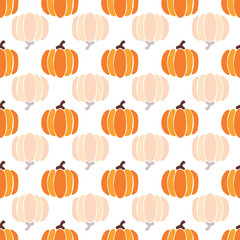Autumn orange pumpkins reflected on white background. Vector seamless pattern. Halloween illustration. October harvest. Organic vegetable garden food. Nature design. Thanksgiving day. Fall season