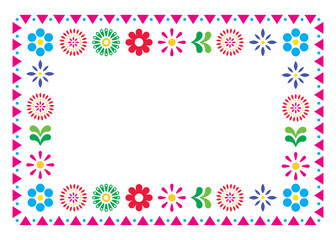 Mexican vector greeting card or wedding invitation, decorative design with flowers and abstract shapes inspired by traditional art from Mexico