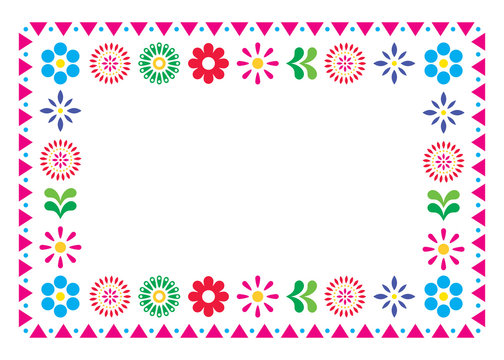 Mexican vector greeting card or wedding invitation, decorative design with flowers and abstract shapes inspired by traditional art from Mexico
