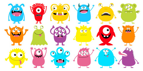 Monster colorful silhouette super big icon set. Happy Halloween. Eyes, tongue, tooth fang, hands up. Cute cartoon kawaii scary funny baby character. Flat design. White background. © worldofvector