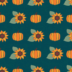 Pumpkins and bright sunflowers on dark blue seamless vector background. Autumn, fall, harvesting repeating pattern. Use for Thanksgiving, wrapping paper, fabric, autumn decor, cards, digital paper