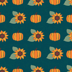 Pumpkins and bright sunflowers on dark blue seamless vector background. Autumn, fall, harvesting repeating pattern. Use for Thanksgiving, wrapping paper, fabric, autumn decor, cards, digital paper