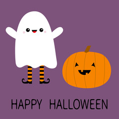 Happy Halloween. Child kid wearing ghost spirit costume. Cute pumpkin. Trick or treat. Funny creepy smiling face. Cute cartoon kawaii baby character. Eyes, teeth. Violet background. Flat design.