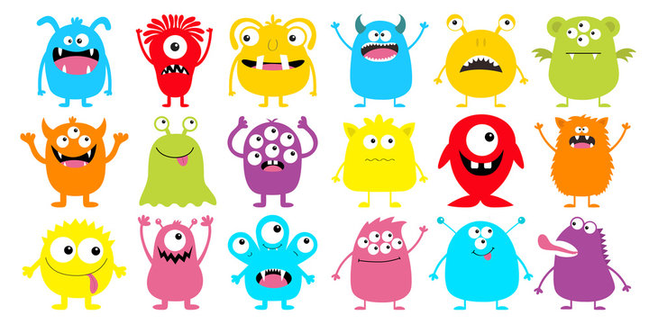 Monster colorful silhouette super big icon set. Happy Halloween. Eyes, tongue, tooth fang, hands up. Cute cartoon kawaii scary funny baby character. Flat design. White background.