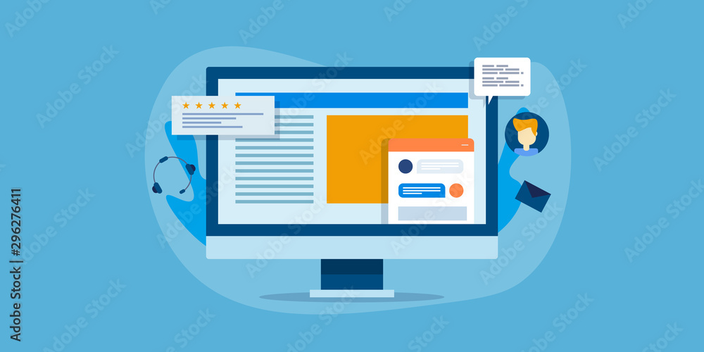 Poster live chat support system window showing on computer screen, online customer service, chat communicat